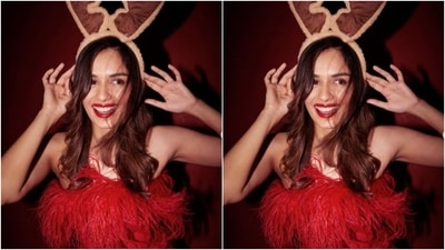 Manushi opted for a festive makeup look to complement her attire for the day. In nude eyeshadow, mascara-laden eyelashes, drawn eyebrows, contoured cheeks and a shade of bright red lipstick, Manushi looked Christmas-ready. (Instagram/@manushi_chhillar) Manushi opted for a festive makeup look to complement her attire for the day. In nude eyeshadow, mascara-laden eyelashes, drawn eyebrows, contoured cheeks and a shade of bright red lipstick, Manushi looked Christmas-ready. (Instagram/@manushi_chhillar)