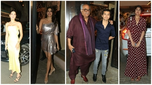 Khushi Kapoor, Janhvi Kapoor, Boney Kapoor with Shikhar Pahariya and Anshula Kapoor at Anil Kapoor's birthday bash. (Varinder Chawla) Khushi Kapoor, Janhvi Kapoor, Boney Kapoor with Shikhar Pahariya and Anshula Kapoor at Anil Kapoor's birthday bash. (Varinder Chawla)