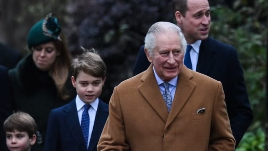 King Charles: Britain's Prince Louis of Wales (L), Britain's Prince George of Wales (C) and Britain's Prince William, Prince of Wales (rear R) walk behind Britain's King Charles III.(AFP)