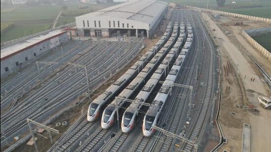 Ghaziabad, India - December 25, 2022: The fourth train of Rapid Rail has also reached Duhai Depot, before that three trains had come, whose trials are going on inside the depot, now the trial of four Rapid Rail trains is going to start very soon in Ghaziabad, India on Sunday, December 25. 2022. (Photo by Sakib Ali /Hindustan Times)