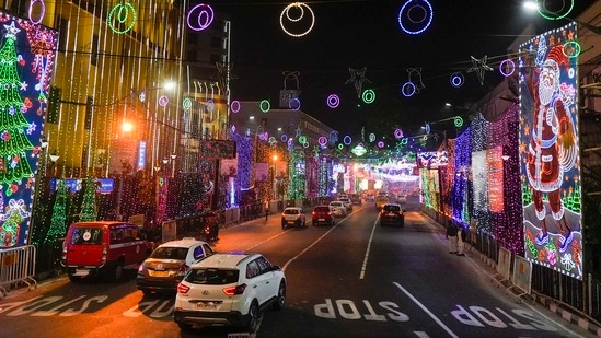 Kolkata: Park Street illuminated with light on the eve of Christmas festival, in Kolkata, Saturday, Dec. 24, 2022. (PTI Photo/Swapan Mahapatra)(PTI) Kolkata: Park Street illuminated with light on the eve of Christmas festival, in Kolkata, Saturday, Dec. 24, 2022. (PTI Photo/Swapan Mahapatra)(PTI)