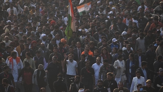 Congress leader Rahul Gandhi during the bharat jodo yatra near jasola metro station in New Delhi. (Raj k Raj/HT Photo)