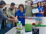 Actor Anushka Sharma and cricketer Jhulan Goswami celebrate the last day on filming on Chakda Xpress with the crew. 