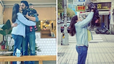 Kajal Aggarwal with husband Gautam Kitchlu and son Neil. Kajal Aggarwal with husband Gautam Kitchlu and son Neil.