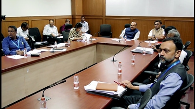 Karnataka Chief Minister Basavaraj Bommai along with State health minister Dr K Sudhakar holds a review meeting regarding Covid-19 situation in the state after a surge in cases worldwide, in Belagavi on Thursday. (ANI) Karnataka Chief Minister Basavaraj Bommai along with State health minister Dr K Sudhakar holds a review meeting regarding Covid-19 situation in the state after a surge in cases worldwide, in Belagavi on Thursday. (ANI)