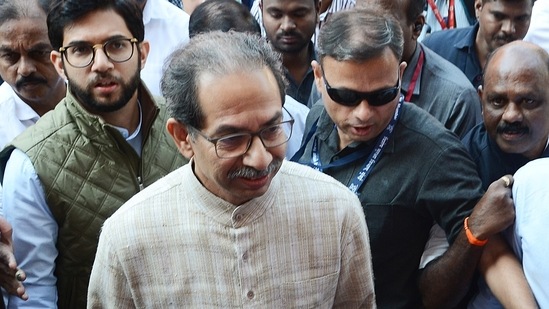 (File) Shiv Sena (Uddhav Balasaheb Thackeray) chief Uddhav Thackeray with his son and party MLA Aaditya Thackeray in Nagpur.(PTI) (File) Shiv Sena (Uddhav Balasaheb Thackeray) chief Uddhav Thackeray with his son and party MLA Aaditya Thackeray in Nagpur.(PTI)