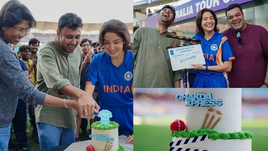 Actor Anushka Sharma and cricketer Jhulan Goswami celebrate the last day on filming on Chakda Xpress with the crew. 