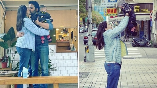 Kajal Aggarwal with husband Gautam Kitchlu and son Neil.