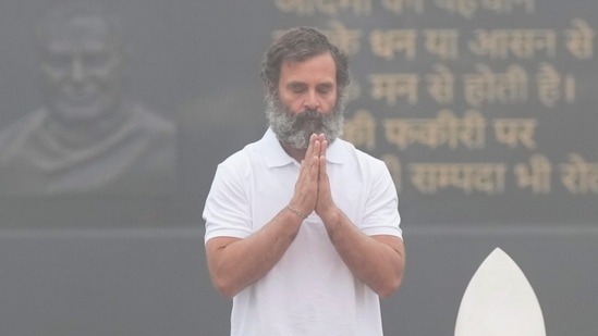 Rahul Gandhi also visited Rajghat, the memorial of Mahatma Gandhi, and Vijay Ghat, the memorial of former prime minister Lal Bahadur Shastri. (PTI)