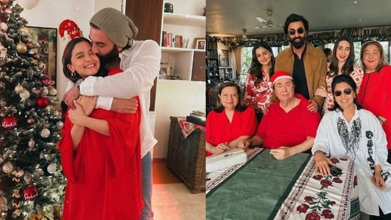 Christmas 2022: Ranbir Kapoor kisses Alia Bhatt (left); Ranbir and Alia pose with family during annual Christmas lunch.