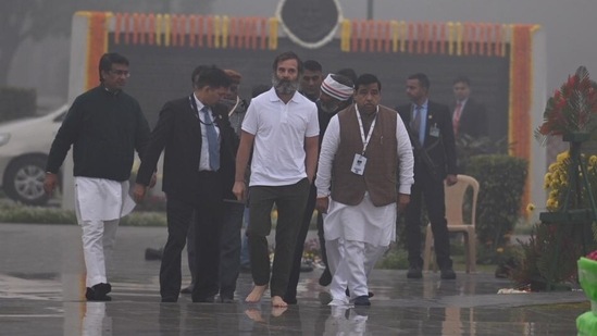 Rahul Gandhi had earlier planned on visiting the memorials on December 24, after his 'Bharat Jodo Yatra' march but later rescheduled it to Monday morning. (HT Photo/Raj K Raj)