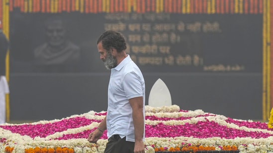 Congress leader Rahul Gandhi pays tribute to former prime minister Atal Bihari Vajpayee at his memorial Sadaiv Atal, in New Delhi, Monday, Dec. 26, 2022.(PTI)