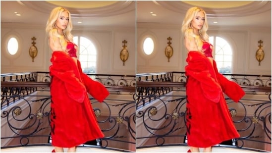 Paris decked up in a red slip cropped top featuring a plunging neckline, corset details and red lace details at the waist.&nbsp;(Instagram/@parishilton)