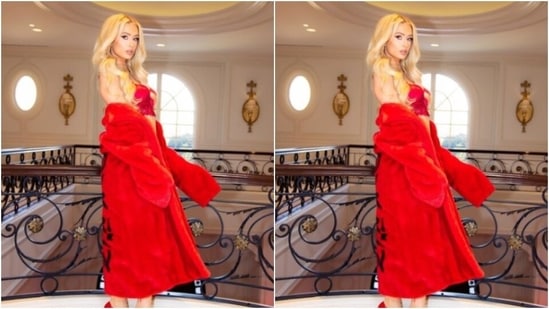 Paris decked up in a red slip cropped top featuring a plunging neckline, corset details and red lace details at the waist. (Instagram/@parishilton)