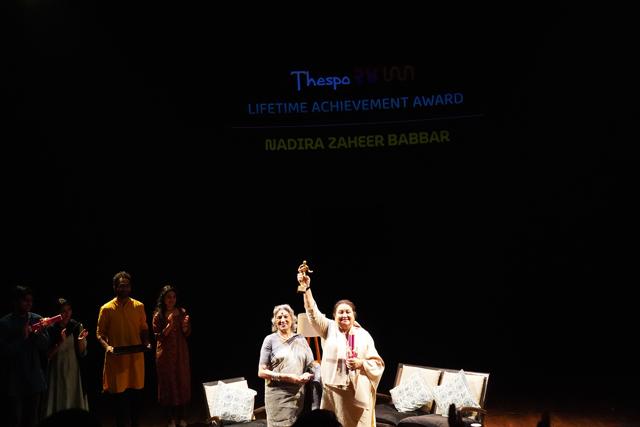 Nadira Zaheer Babbar receiving the Thespo Lifetime Achievement Award on 5 December 2022 (Courtesy Thespo) Nadira Zaheer Babbar receiving the Thespo Lifetime Achievement Award on 5 December 2022 (Courtesy Thespo)