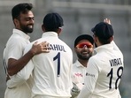 India's Jaydev Unadkat celebrates the dismissal of Bangladesh's Zakir Hasan on the Day 1 of the 2nd Test match between Bangladesh and India, at Shere Bangla National Stadium, in Dhaka on Thursday. (ANI Photo)