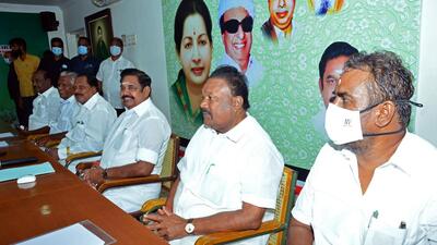 AIADMK interim general secretary Edappadi K Palaniswami with party leaders at the party's district secretaries’ meeting, in Chennai on Tuesday. (ANI) AIADMK interim general secretary Edappadi K Palaniswami with party leaders at the party's district secretaries’ meeting, in Chennai on Tuesday. (ANI)