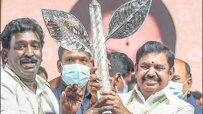 AIADMK leader Edappadi K. Palaniswami after being elected as interim general secretary of the party, during the general council meeting of AIADMK, in Chennai in July 2022. The infighting within the AIADMK opened space for others in the opposition rank and the Bharatiya Janata Party (BJP) did not need a second invitation to occupy the same. (PTI) AIADMK leader Edappadi K. Palaniswami after being elected as interim general secretary of the party, during the general council meeting of AIADMK, in Chennai in July 2022. The infighting within the AIADMK opened space for others in the opposition rank and the Bharatiya Janata Party (BJP) did not need a second invitation to occupy the same. (PTI)