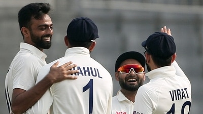 India's Jaydev Unadkat celebrates the dismissal of Bangladesh's Zakir Hasan on the Day 1 of the 2nd Test match between Bangladesh and India, at Shere Bangla National Stadium, in Dhaka on Thursday. (ANI Photo) (ANI)