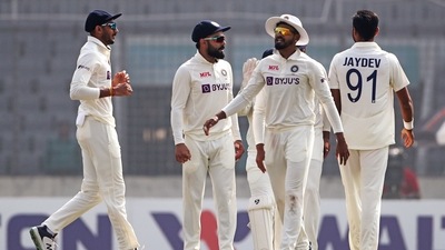 India's Jaydev Unadkat celebrates the dismissal of Bangladesh's skipper Shakib Al Hasan during the Day 3 of the 2nd Test match between Bangladesh and India, at Shere Bangla National Stadium, in Dhaka on Saturday. (ANI Photo) (ANI) India's Jaydev Unadkat celebrates the dismissal of Bangladesh's skipper Shakib Al Hasan during the Day 3 of the 2nd Test match between Bangladesh and India, at Shere Bangla National Stadium, in Dhaka on Saturday. (ANI Photo) (ANI)