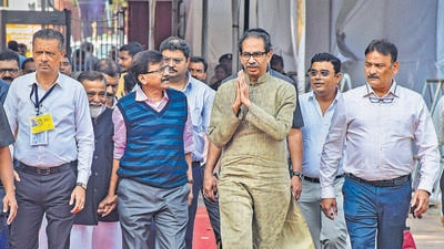 Nagpur: Former Maharashtra chief minister Uddhav Thackeray with Rajya Sabha MP Sanjay Raut arrives to attend the Winter Session of Maharashtra Assembly, at Vidhan Bhavan in Nagpur, Tuesday, Dec. 27, 2022. (PTI Photo) (PTI12_27_2022_000203B) (PTI) Nagpur: Former Maharashtra chief minister Uddhav Thackeray with Rajya Sabha MP Sanjay Raut arrives to attend the Winter Session of Maharashtra Assembly, at Vidhan Bhavan in Nagpur, Tuesday, Dec. 27, 2022. (PTI Photo) (PTI12_27_2022_000203B) (PTI)