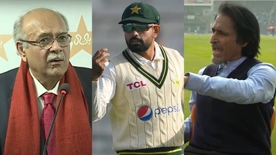 PCB chief Najam Sethi; Babar Azam; Ramiz Raja PCB chief Najam Sethi; Babar Azam; Ramiz Raja