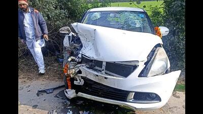 One of the cars involved in the mishap near Mauwakheri village in Ambala on Tuesday. (HT Photo)