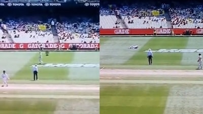 Anrich Nortje accidentally got hit by spider-cam (Twitter) Anrich Nortje accidentally got hit by spider-cam (Twitter)
