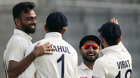 India's Jaydev Unadkat celebrates the dismissal of Bangladesh's Zakir Hasan on the Day 1 of the 2nd Test match between Bangladesh and India, at Shere Bangla National Stadium, in Dhaka on Thursday. (ANI Photo)(ANI)