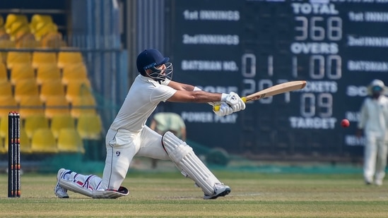 Delhi batter Dhruv Shorey plays a shot(PTI/File Photo)