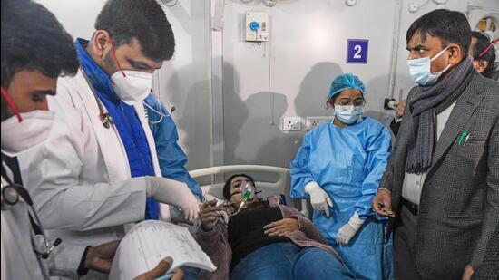 Union Minister of Health and Family Welfare Mansukh Mandaviya reviews the COVID-19 mock drill conducted to ensure Covid management preparedness in view of the rising cases of Coronavirus in some countries including China, at Safdarjung Hospital, in New Delhi on Tuesday. (ANI)