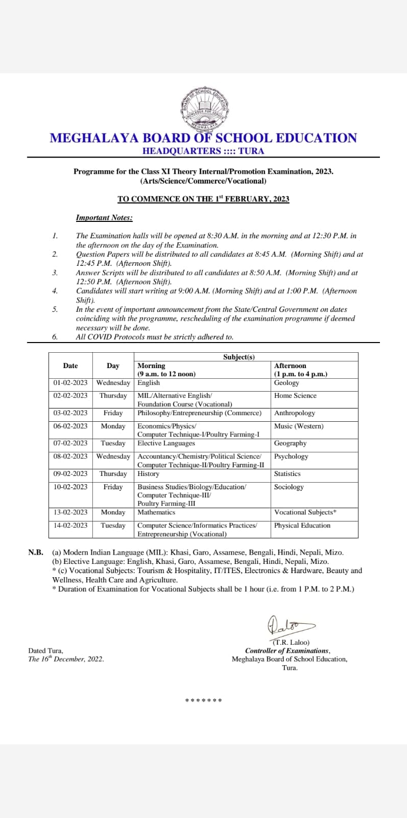 MBOSE Meghalaya Class 11 date sheet 2023