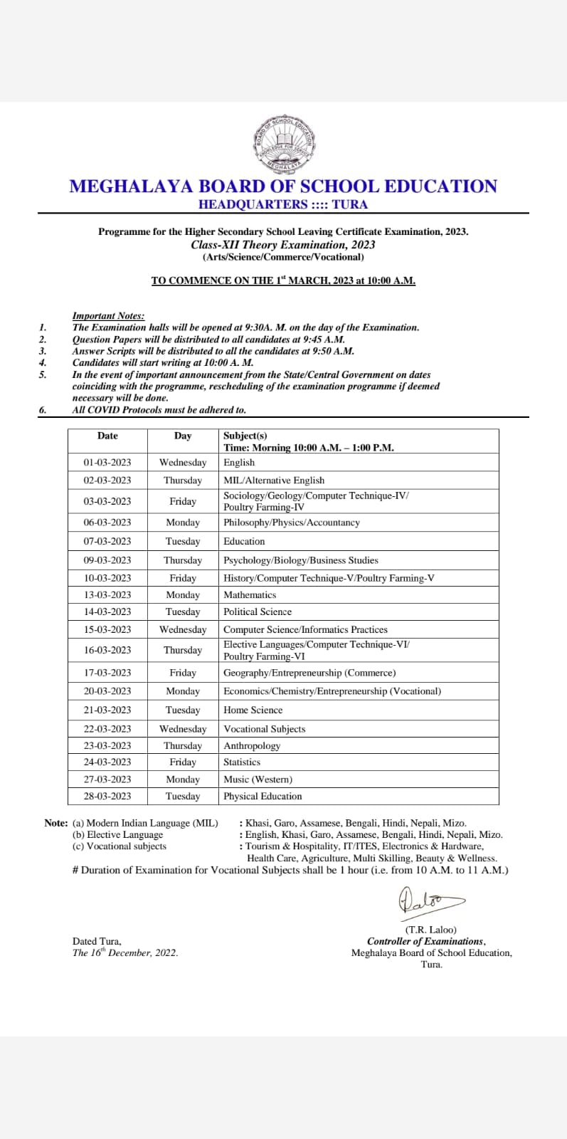 MBOSE Meghalaya Class 12 date sheet 2023