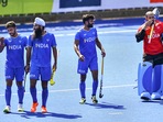 India's Harmanpreet Singh, Jarmanpreet Singh, Surender Kumar and Sreejesh Raveendran(PTI) India's Harmanpreet Singh, Jarmanpreet Singh, Surender Kumar and Sreejesh Raveendran(PTI)