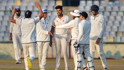 Delhi bowler Harshit Rana celebrates with teammates the wicket of Tamil Nadu captain Baba Indrajith during Day 2 of Ranji Trophy match (PTI) Delhi bowler Harshit Rana celebrates with teammates the wicket of Tamil Nadu captain Baba Indrajith during Day 2 of Ranji Trophy match (PTI)