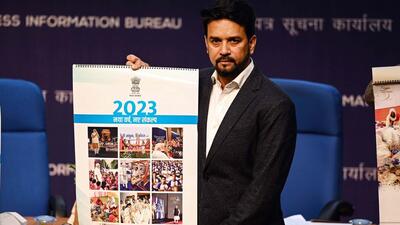 Union information and broadcasting minister Anurag Thakur formally released the government’s 2023 calendar, “New year, new resolutions” at the National Media Centre in New Delhi on Wednesday (HT Photo/Raj K Raj)