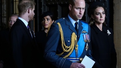 Prince Harry-Meghan Markle: Britain's Prince William, Kate, Princess of Wales, Prince Harry and Meghan, Duchess of Sussex, second left, leave after they paid their respects to Queen Elizabeth II. (AP)