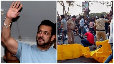 Salman Khan waved to his fans who later got unmanageable outside his house on Tuesday. Salman Khan waved to his fans who later got unmanageable outside his house on Tuesday.