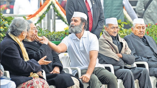 Congress leader Rahul Gandhi shares a joyful moment with his mother Sonia Gandhi at the 138th Foundation Day celebrations of the party at its headquarters in New Delhi on Wednesday. (ANI)