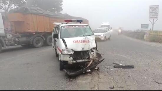 Mangled remains of the ambulance near the Tibba Chowk, Ludhiana. (HT Photo)