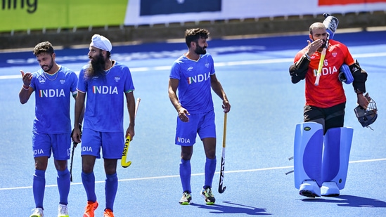 India's Harmanpreet Singh, Jarmanpreet Singh, Surender Kumar and Sreejesh Raveendran(PTI)