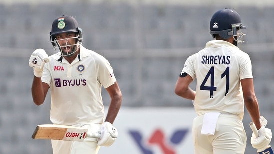 India's Ravichandran Ashwin, left, and Shreyas Iyer celebrates after scoring the final run to beat Bangladesh on the fourth day of the second cricket test match, in Dhaka, Bangladesh, Sunday, Dec. 25, 2022. (AP/PTI Photo)(PTI12_25_2022_000048A)(PTI)