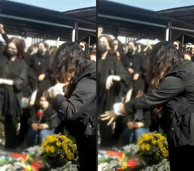 This combination, created on October 28, 2022, of image grabs from a UGC video released on October 27, shows a woman cutting her hair at the grave site of Nika Shahkarami in the city of Khorramabad, Iran, during a reported memorial held in honour of 40 days since the death of the 16-year-old. (AFP)