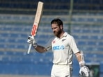 New Zealand's Kane Williamson celebrates after scoring 200 runs during the fourth day of first test cricket match between Pakistan and New Zealand, in Karachi, Pakistan, Thursday, Dec. 29, 2022. (AP Photo/Fareed Khan) New Zealand's Kane Williamson celebrates after scoring 200 runs during the fourth day of first test cricket match between Pakistan and New Zealand, in Karachi, Pakistan, Thursday, Dec. 29, 2022. (AP Photo/Fareed Khan)