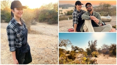 Katrina Kaif wore a black and white checkered shirt which she paired with denim dungaree and a black cap. (Instagram/@katrinakaif) Katrina Kaif wore a black and white checkered shirt which she paired with denim dungaree and a black cap. (Instagram/@katrinakaif)