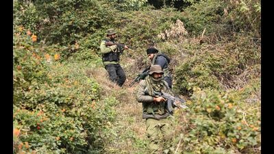 Special Operation Group and Crises Response Team (CRT) of Jammu and Kashmir Police search a forest area in Bajalta, near the location of Wednesday's encounter between terrorists and security forces in which four terrorists were killed, in Jammu on Thursday. (PTI)