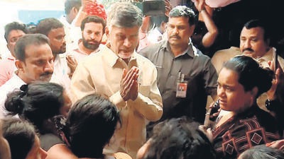 Telugu Desam Party (TDP) national president N Chandrababu Naidu meets the family members of the party workers who died in a stampede that broke out during his public meeting, in the Nellore district of Andhra Pradesh on Thursday. (ANI) Telugu Desam Party (TDP) national president N Chandrababu Naidu meets the family members of the party workers who died in a stampede that broke out during his public meeting, in the Nellore district of Andhra Pradesh on Thursday. (ANI)