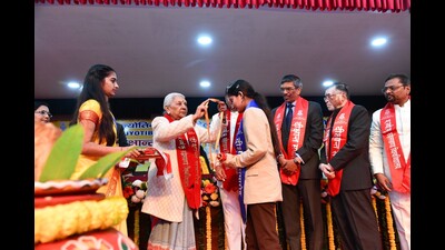 U.P. governor Anandiben Patel at the 20th convocation of Rohilkhand University in Bareilly on Thursday. (Sourced) U.P. governor Anandiben Patel at the 20th convocation of Rohilkhand University in Bareilly on Thursday. (Sourced)