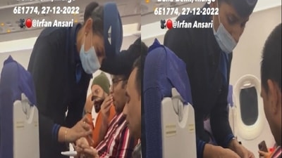 The 45-second video clip, shared on Twitter, shows two flight attendants tending to a passenger who injured his finger. (Twitter) The 45-second video clip, shared on Twitter, shows two flight attendants tending to a passenger who injured his finger. (Twitter)