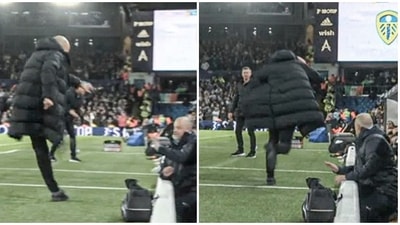 Pep Guardiola accidentally hits Leeds player with bottle, then runs with hands on head to apologise (Twitter) Pep Guardiola accidentally hits Leeds player with bottle, then runs with hands on head to apologise (Twitter)